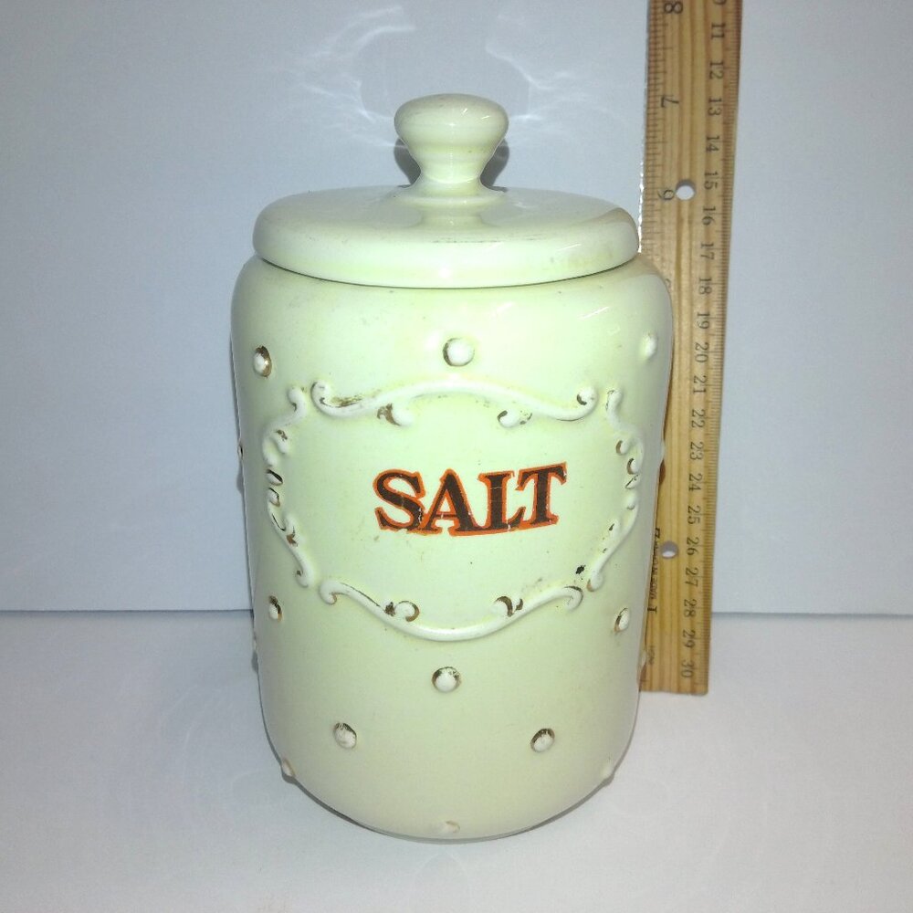 Porcelier Salt Canister Vitreous China Crock Hobnail Dots Cream with Lid 1930's